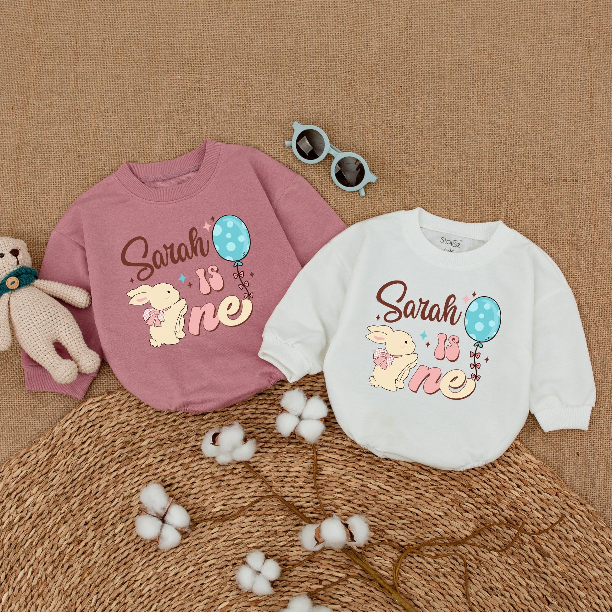 Personalized Some Bunny Is One Birthday Romper for Baby Girl Sarah, Adorable First Birthday Smash Cake Outfit Pink Bow Blue Polka Dots
