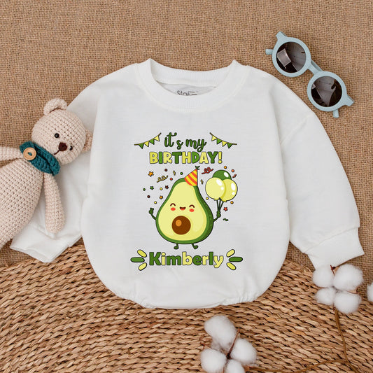 Personalized It's My BIRTHDAY! Avocado Bubble Romper Baby Girl First Birthday Cake Smash Outfit Holy Guacamole Bodysuit with Party Hat