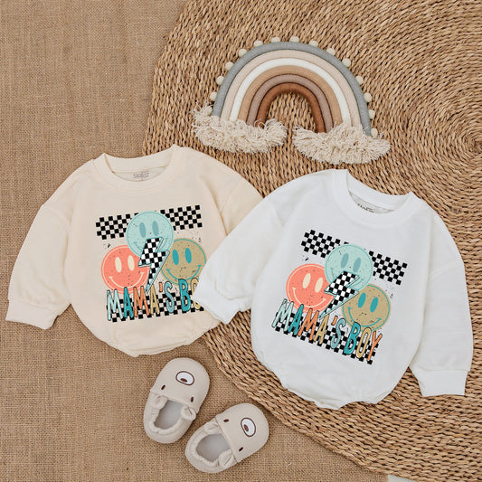 Mama's Boy Retro Romper & Bodysuit with Cheerful Smiling Faces Peach Blue Brown Checkered Lightning Bolt Vintage Baby Outfit Infant Gift