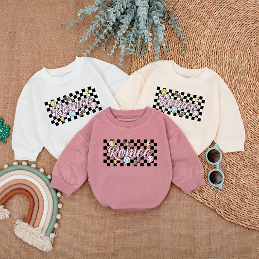 Personalized Baby Girl Retro Checkered Bubble Romper Custom Name Outfit Pink Bubble Letters Yellow Smiley Lightning Bolts Playful Vintage Clothes