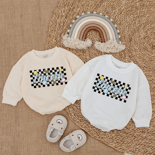 Personalized Name Baby Boy Bubble Romper Lincoln Script Retro Checkered Lightning Smiley Face Design Yellow Blue White Black Outfit Gift