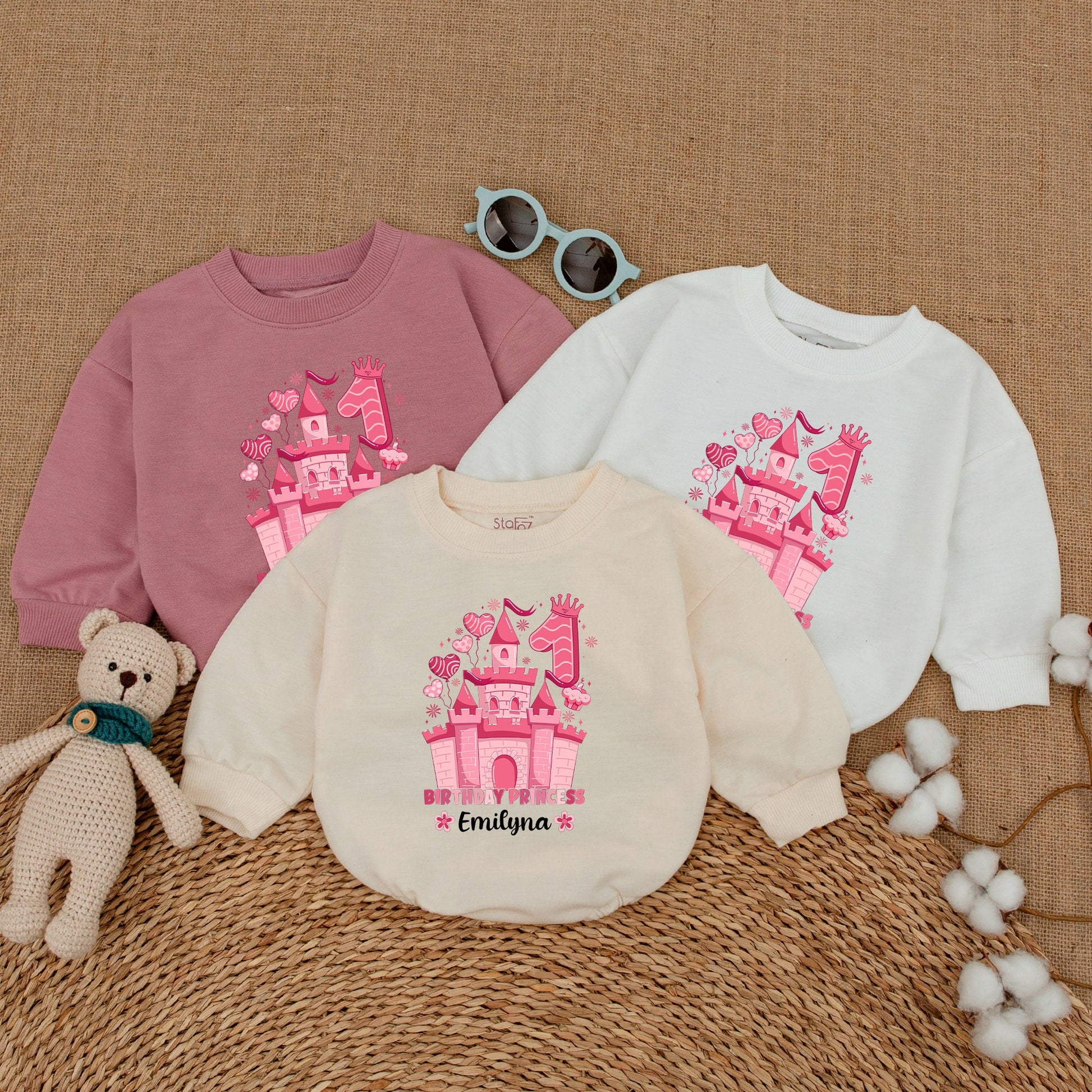 Personalized Pink Princess Castle First Birthday Romper Outfit, Baby Girl One Year Smash Cake Bodysuit with Name & Crown Design
