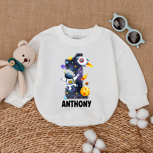 Personalized Astronaut 1st Birthday Sweatshirt Bubble Romper Galaxy Print Baby Smash Cake Outfit Space Theme Bodysuit Gift