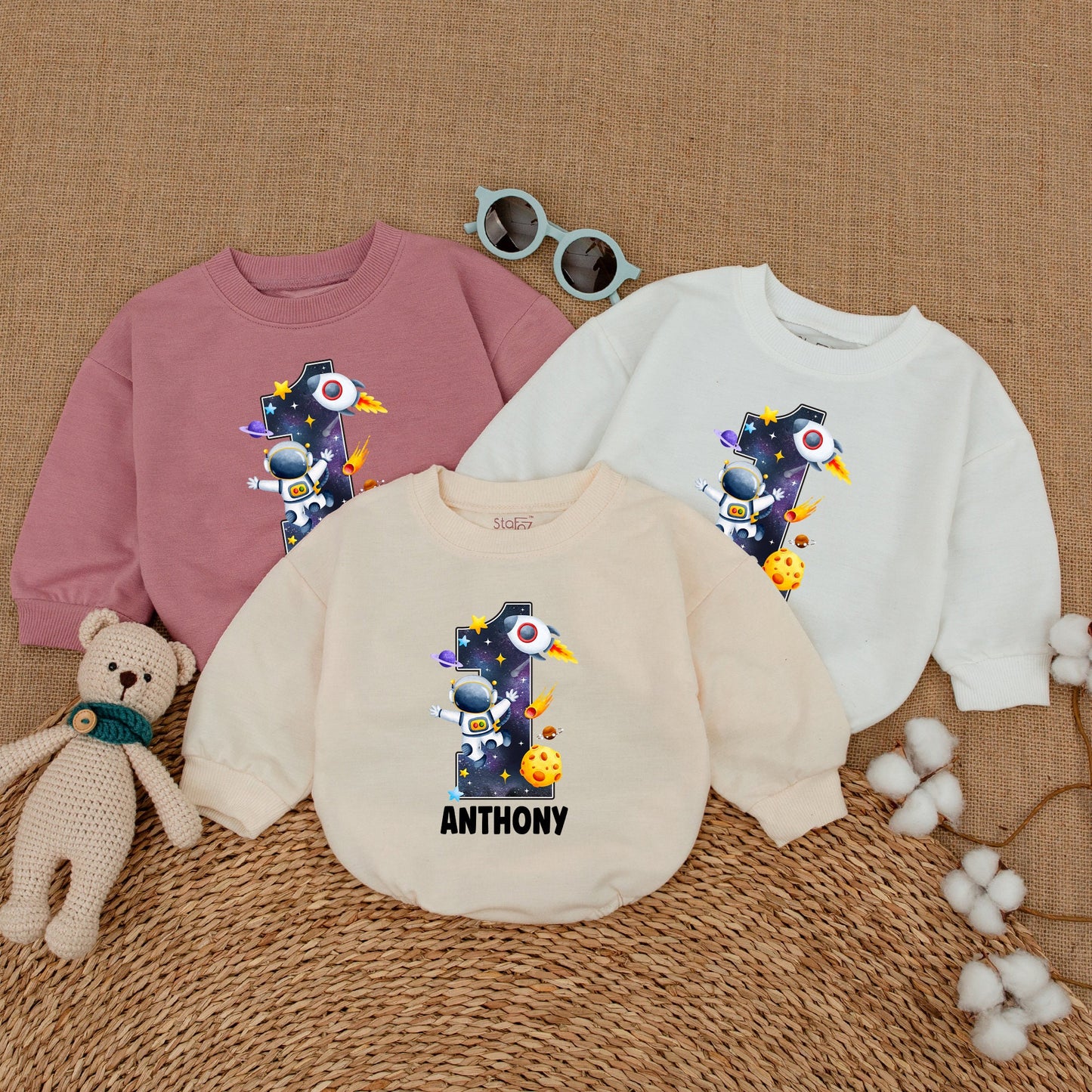Personalized Astronaut 1st Birthday Sweatshirt Bubble Romper Galaxy Print Baby Smash Cake Outfit Space Theme Bodysuit Gift