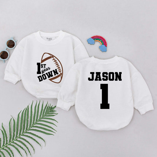 Personalized 1st Year Down Football Birthday Romper for Boys Custom Name Jason and Number 1 Sports Jersey Style Baby Clothes