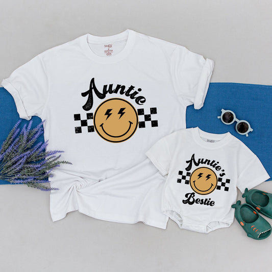Matching Auntie Bestie Shirt and Romper Retro Smiley Face Checkered Set Distressed Black Yellow Lightning Eyes Vintage Boho Gift Niece Nephew