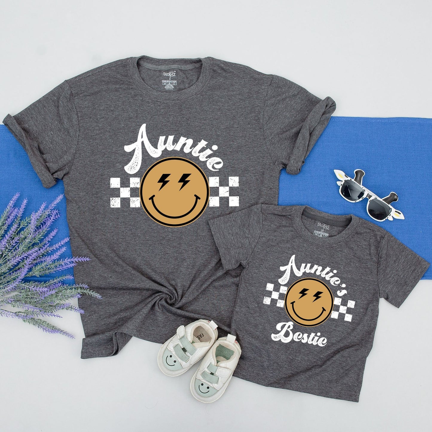 Matching Auntie Bestie Shirt and Romper Retro Smiley Face Checkered Set Distressed Black Yellow Lightning Eyes Vintage Boho Gift Niece Nephew