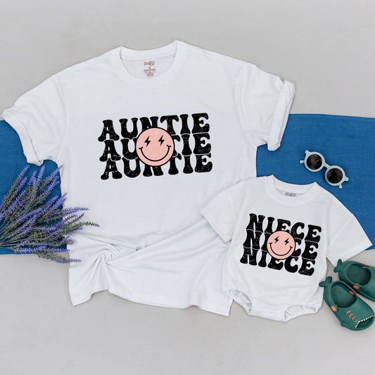 Personalized Retro Auntie Niece Matching Shirts Distressed Stacked Black Lettering Pink Smiley Lightning Face Boho Tee Aunt Bestie Nephew Gift