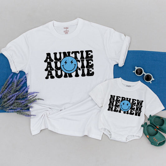 Personalized Retro Auntie and Me Shirt with 70s Smiley Face Design, Vintage Distressed Bold Black Font Tee, Best Aunt Gift for Nephew Niece