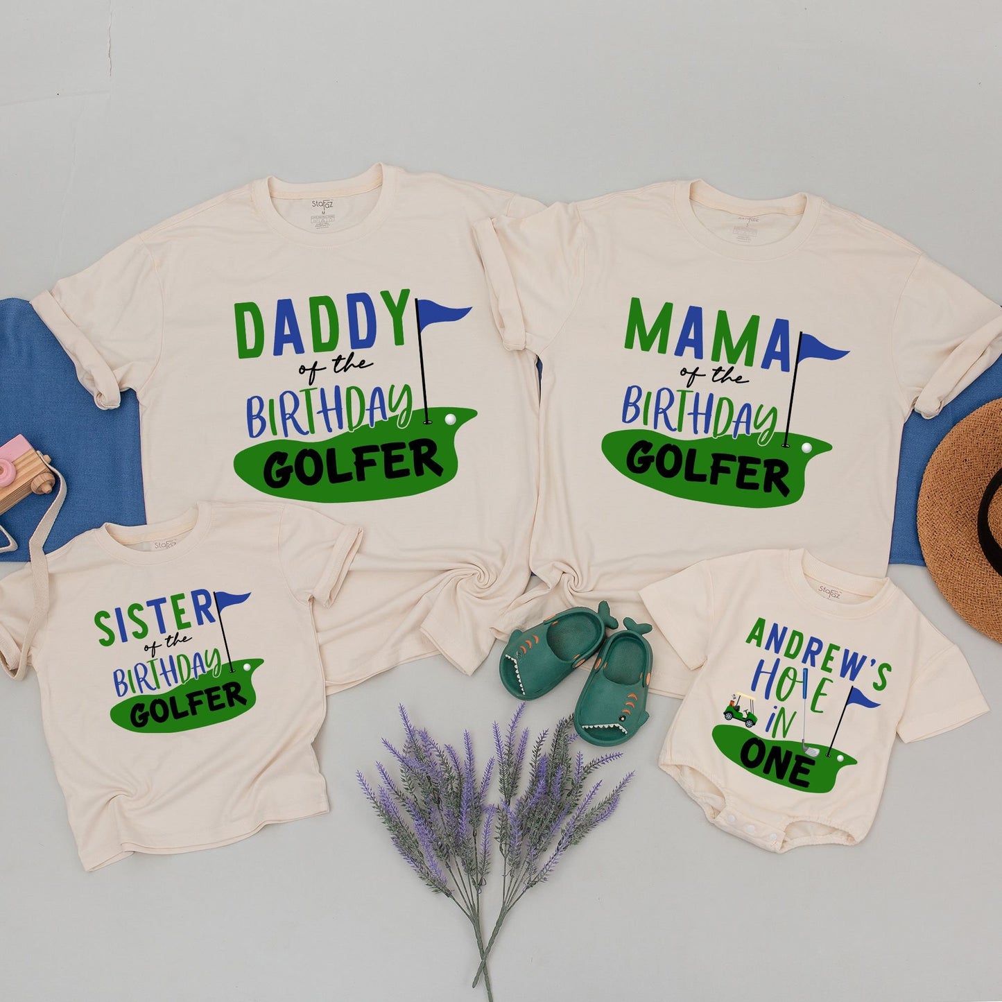 Matching Family Golfer Birthday Shirts Mom Dad Son Daughter Hole in One First Birthday Party Tee Green Blue Golf Outfit