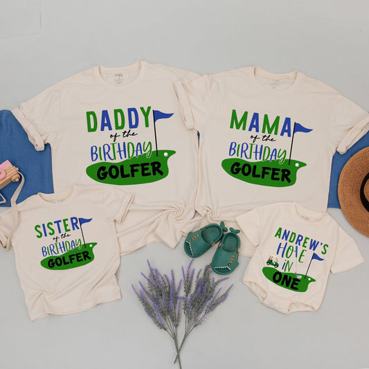 Matching Family Golfer Birthday Shirts Mom Dad Son Daughter Hole in One First Birthday Party Tee Green Blue Golf Outfit