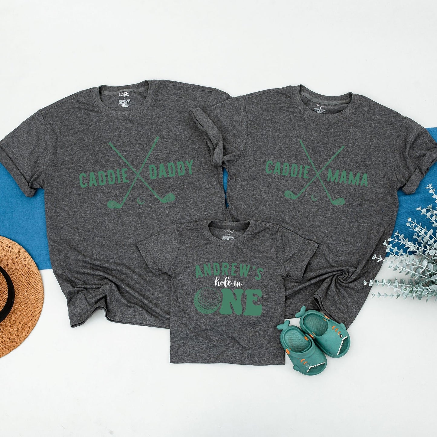 Personalized Family Matching Golf Birthday Shirts for Dad Mom & Baby Boy First Hole in One Party Muted Green Modern Tee