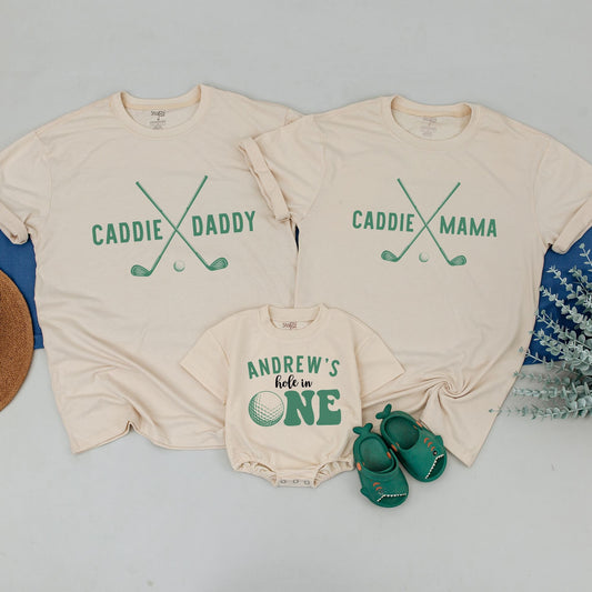 Personalized Family Matching Golf Birthday Shirts for Dad Mom & Baby Boy First Hole in One Party Muted Green Modern Tee