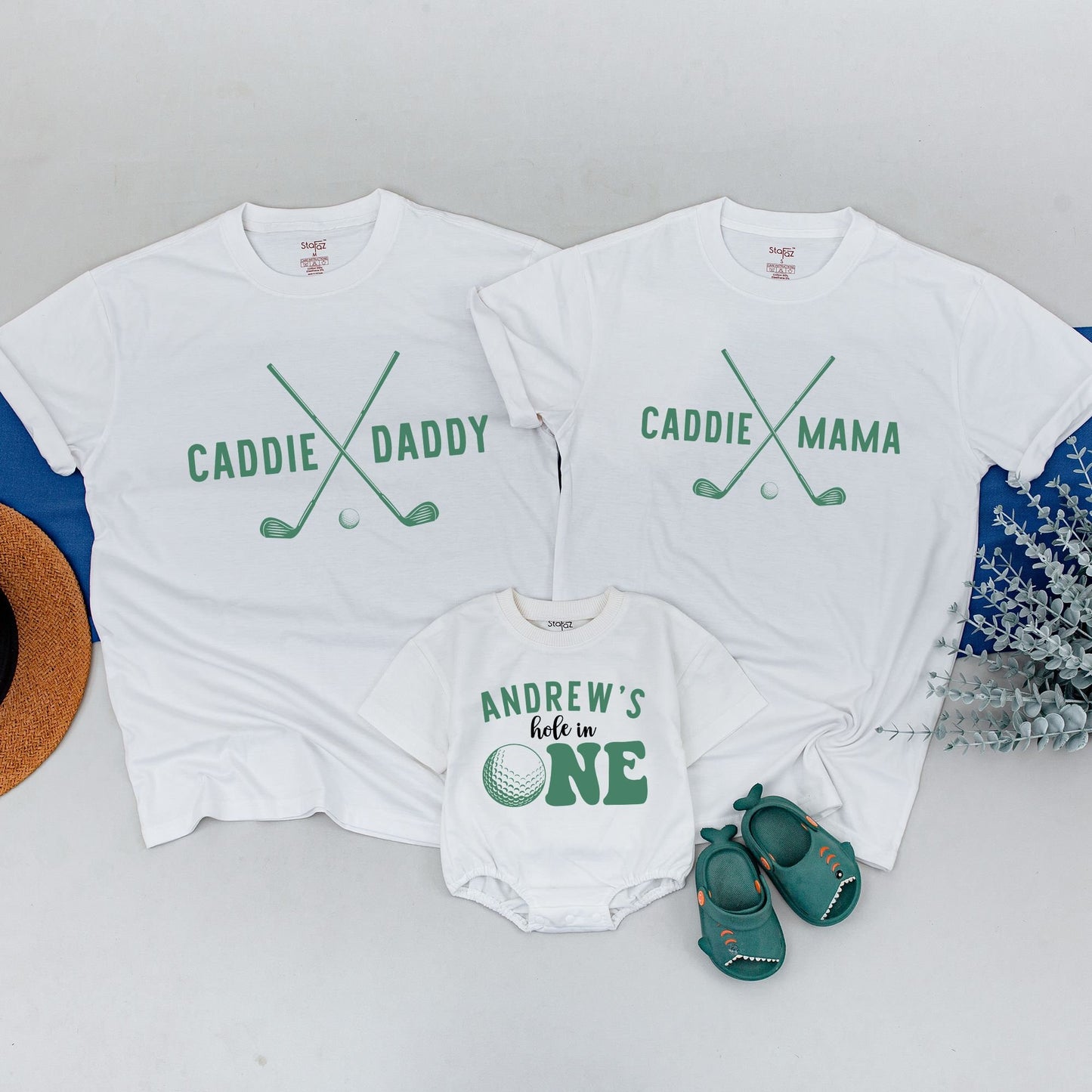 Personalized Family Matching Golf Birthday Shirts for Dad Mom & Baby Boy First Hole in One Party Muted Green Modern Tee