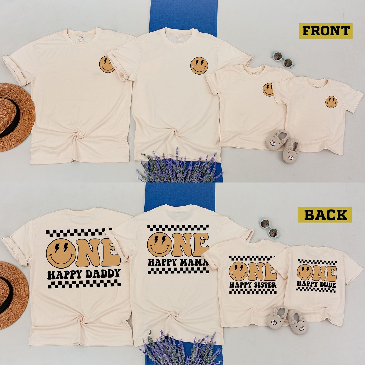 Retro Tan Smiley Face One Happy Dude Birthday Shirt Matching Family Outfit Boy Girl Toddler Checkered Pattern Party Gift Idea