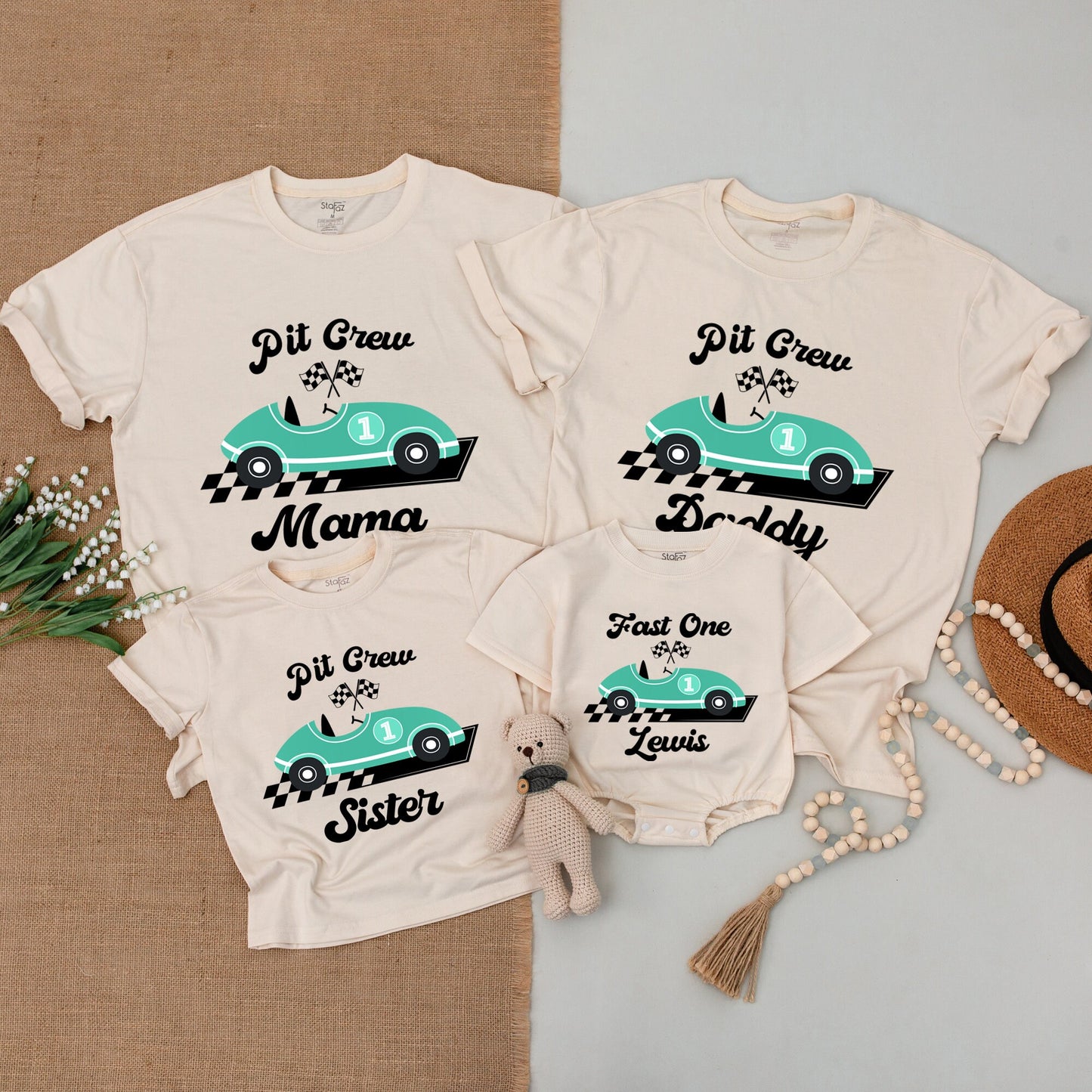 Personalized Vintage Race Car Birthday Shirt Family Matching Pit Crew Outfits Teal Design First Birthday Party Cotton Bodysuit Apparel