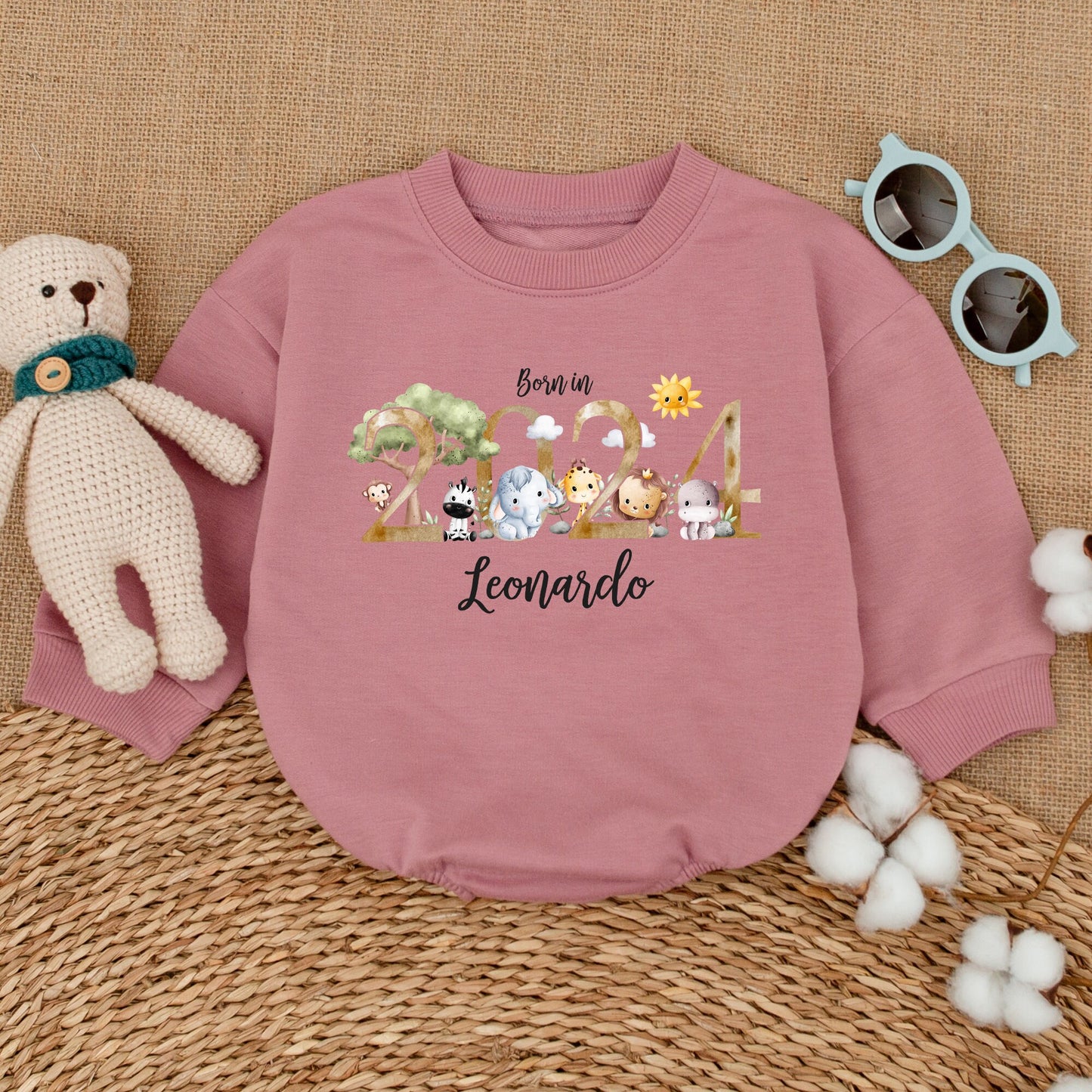 Personalized Born in 2024 Safari Baby Romper Bodysuit Whimsical Animal Newborn Sleepsuit Bubble Coming Home Shower Gift