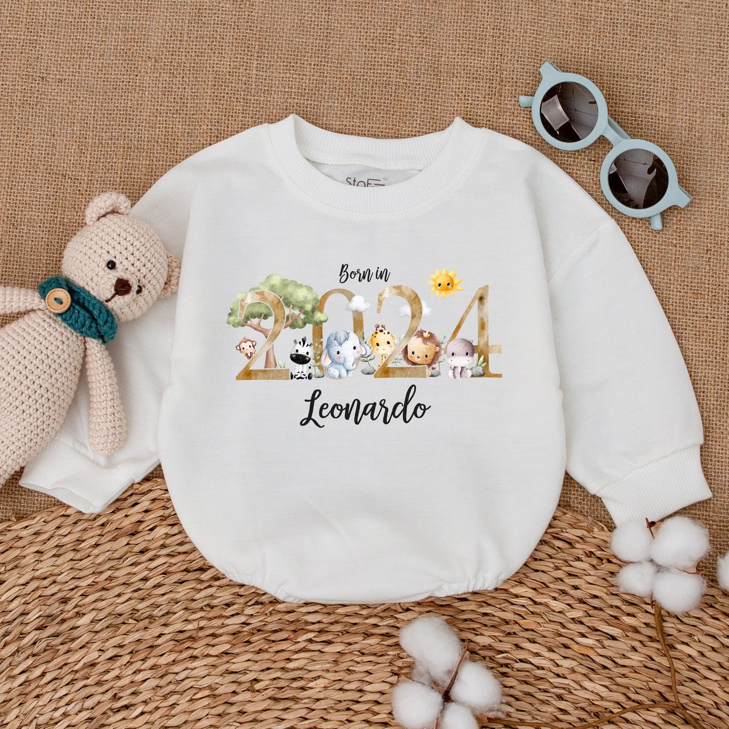 Personalized Born in 2024 Safari Baby Romper Bodysuit Whimsical Animal Newborn Sleepsuit Bubble Coming Home Shower Gift