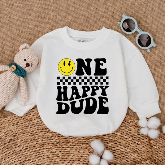 One Happy Dude Baby Boy Romper Smiley Face Lightning Birthday Outfit First Birthday Cake Smash Cool Retro Checkered Yellow Infant Toddler Celebration Gift