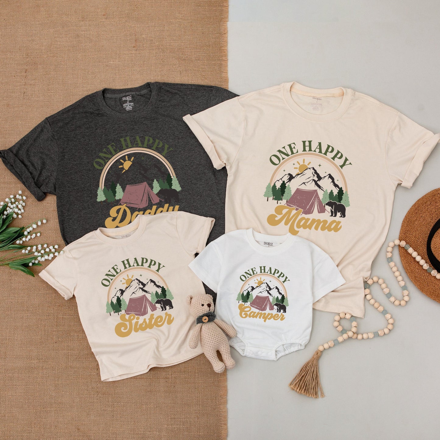 Personalized One Happy Camper 1st Birthday Outfit, Matching Family Camping Shirt Romper Vintage Nature Bear Design Gift