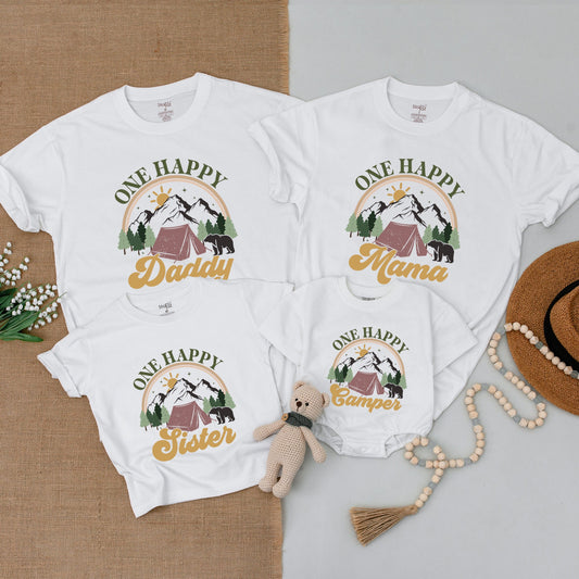 Personalized One Happy Camper 1st Birthday Outfit, Matching Family Camping Shirt Romper Vintage Nature Bear Design Gift