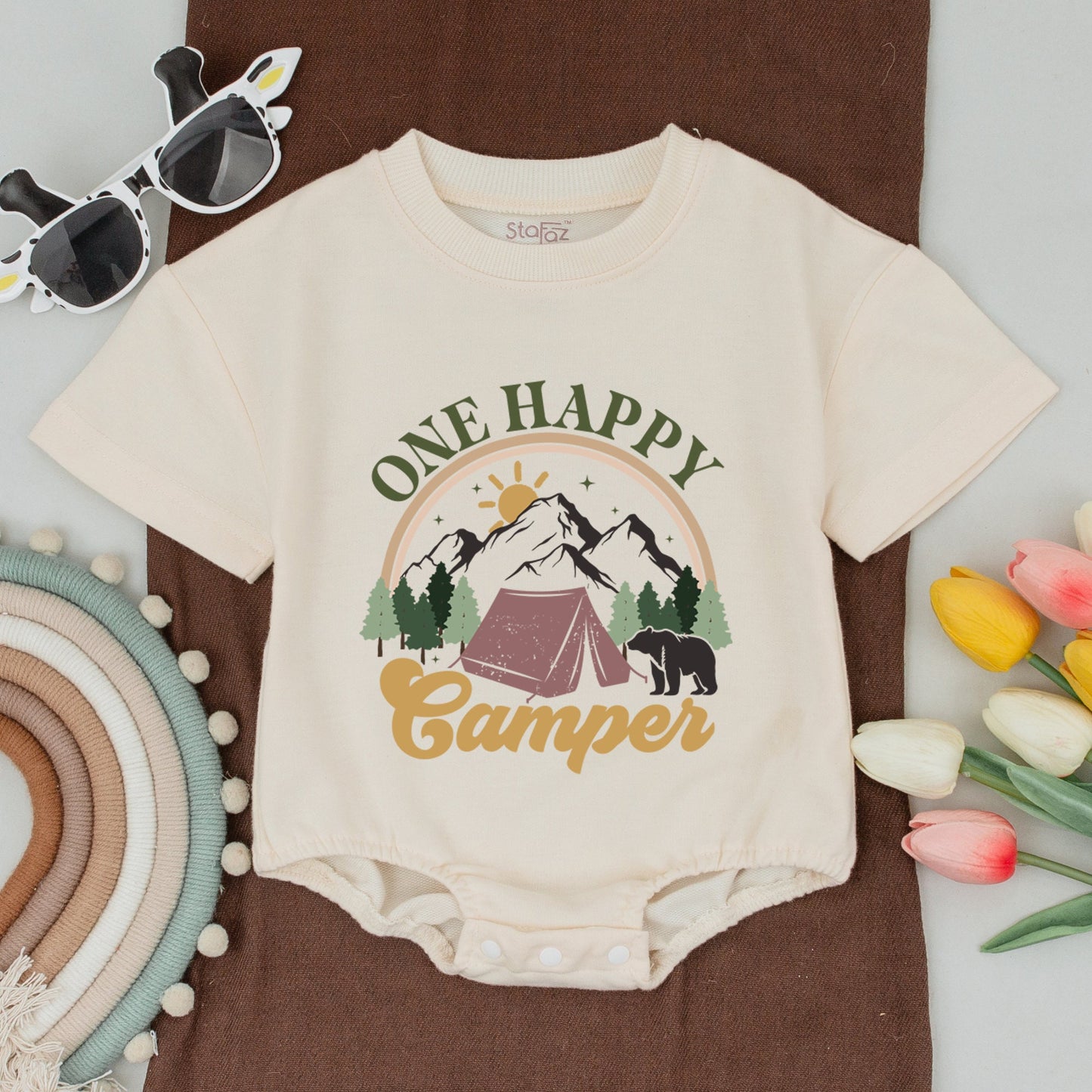 Personalized One Happy Camper 1st Birthday Outfit, Matching Family Camping Shirt Romper Vintage Nature Bear Design Gift