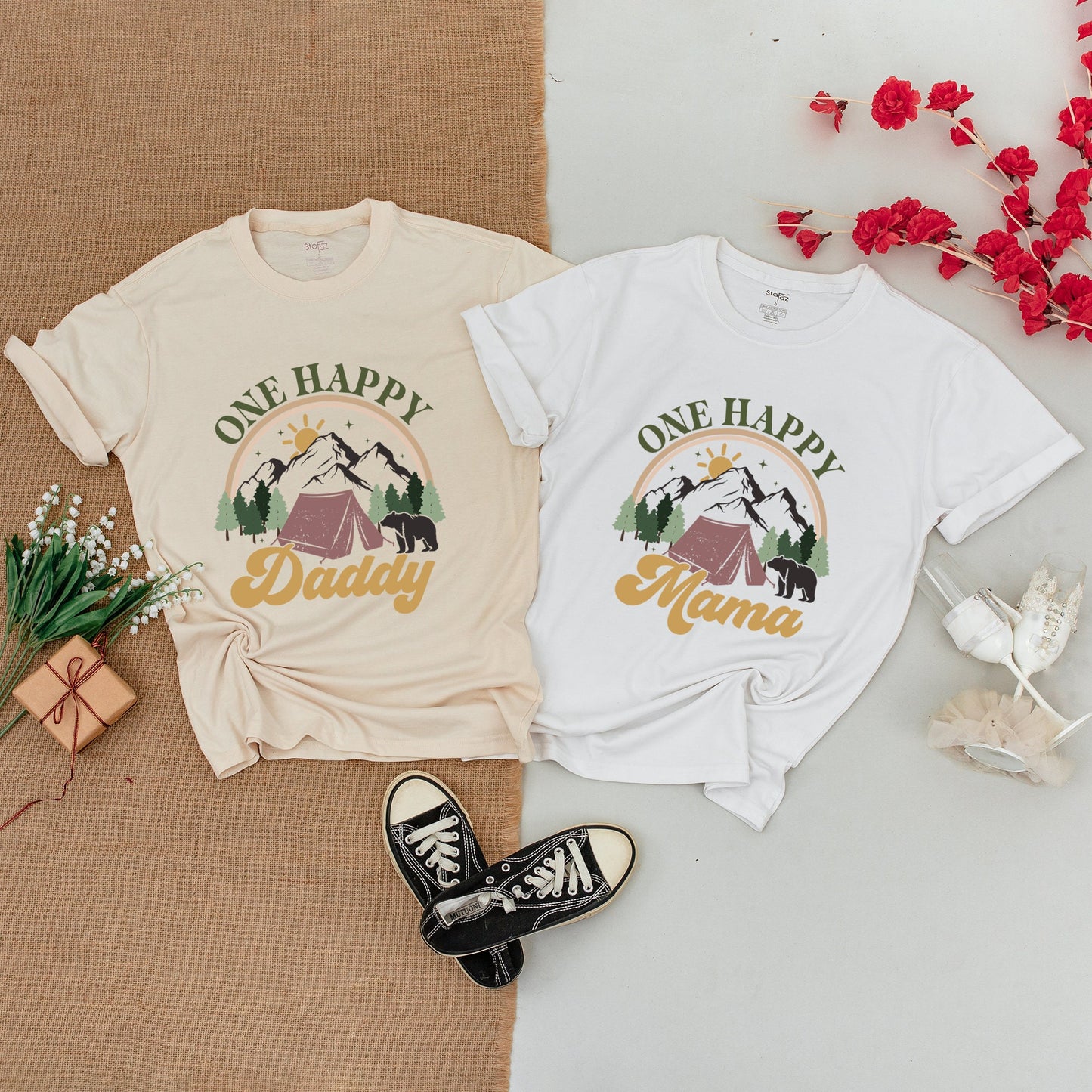 Personalized One Happy Camper 1st Birthday Outfit, Matching Family Camping Shirt Romper Vintage Nature Bear Design Gift