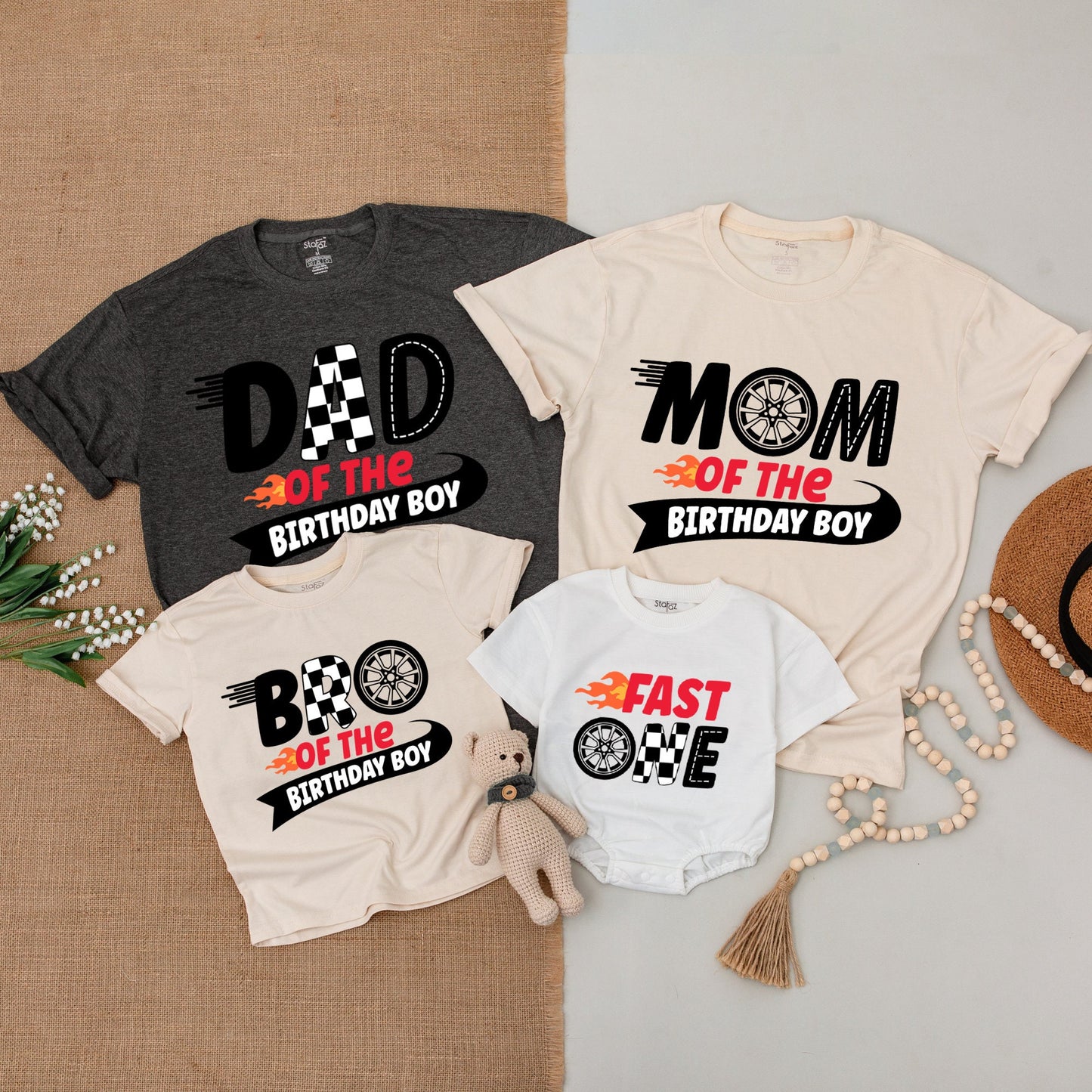 Fast One Birthday Race Car Matching Family Shirts Pit Crew Outfits for Mom Dad Bro Baby Boy First Checkered Flag Flames Design