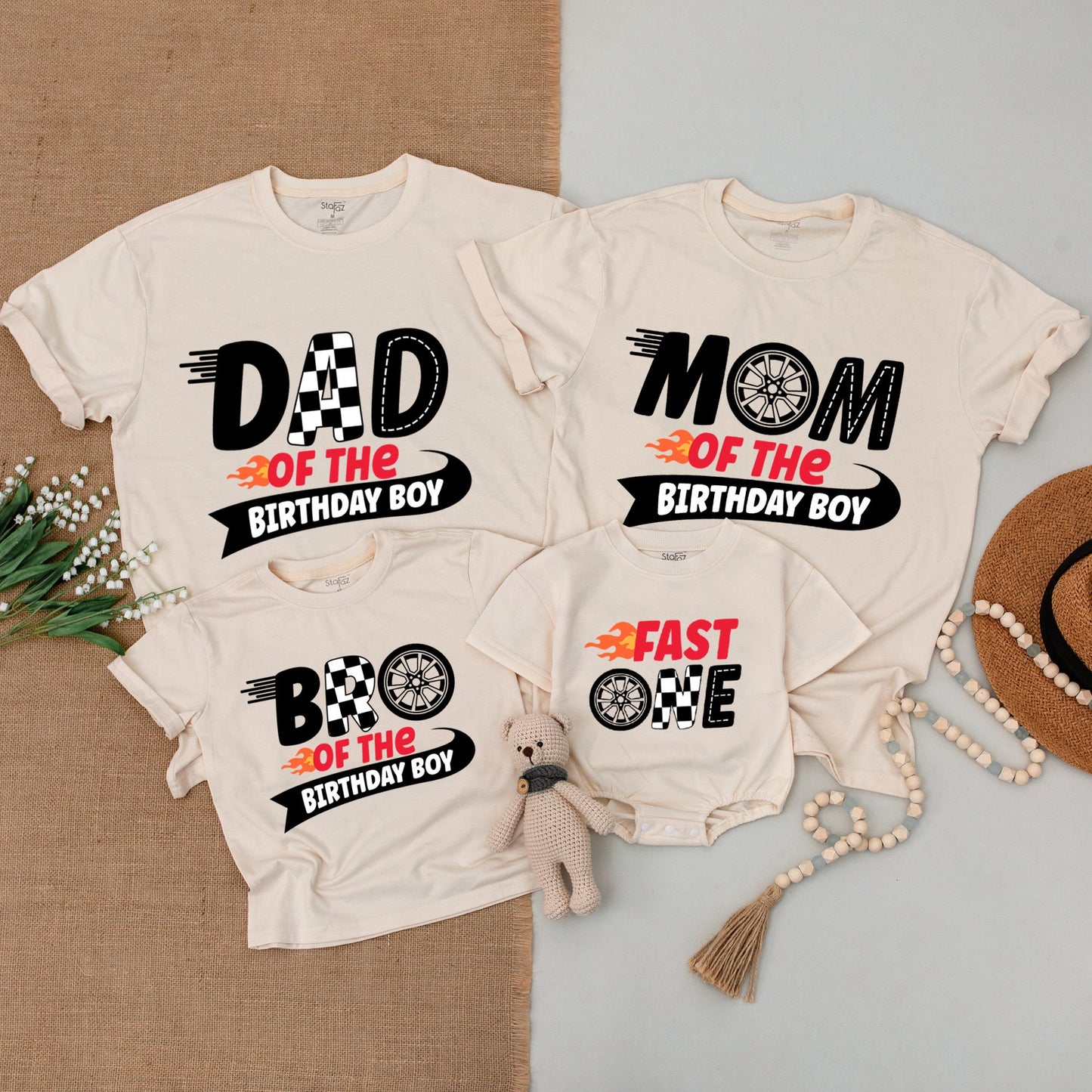 Fast One Birthday Race Car Matching Family Shirts Pit Crew Outfits for Mom Dad Bro Baby Boy First Checkered Flag Flames Design