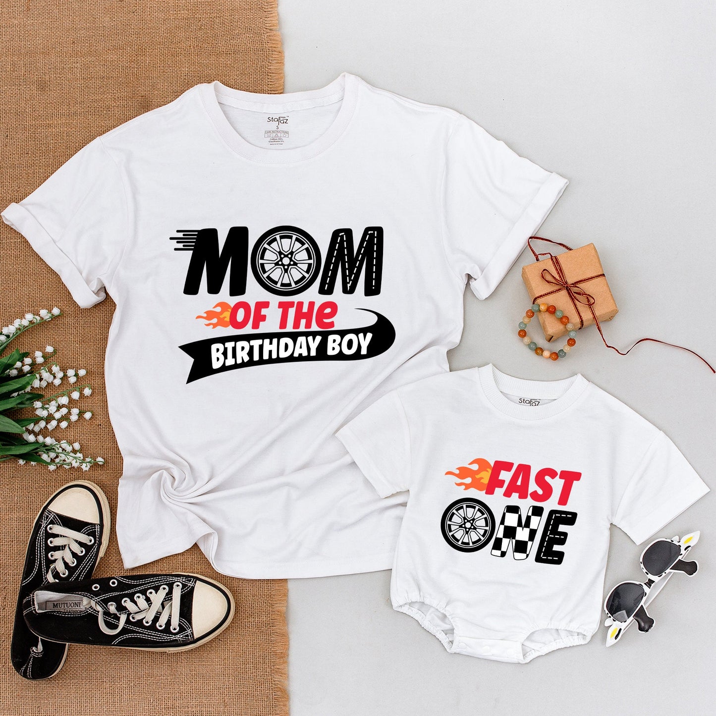 Fast One Birthday Race Car Matching Family Shirts Pit Crew Outfits for Mom Dad Bro Baby Boy First Checkered Flag Flames Design