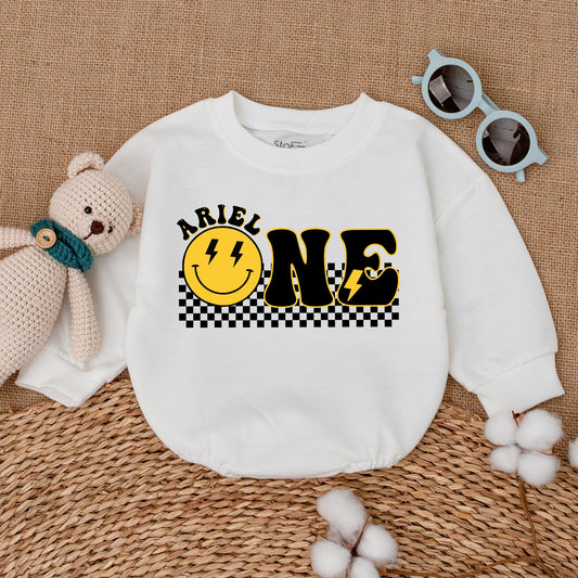 Personalized One Happy Dude Birthday Romper Smiley Face Outfit First Birthday Cake Smash Bodysuit Baby Boy Retro Yellow Design