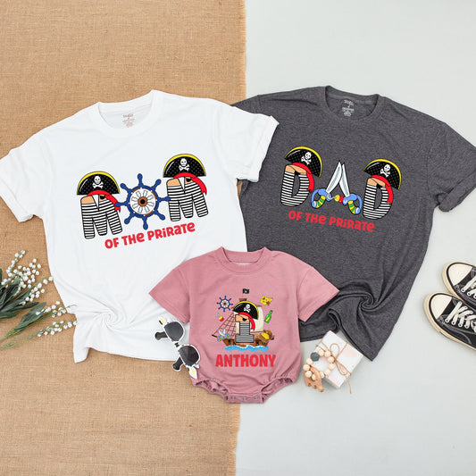 Personalized Pirate First Birthday Family Matching Shirts for Mom Dad Son Baby Boy Romper with Skull & Crossbones Design