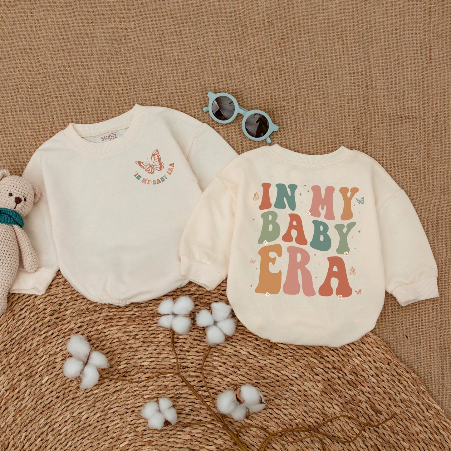 In My Baby Era" Retro Wavy Baby Girl Romper Bodysuit with Butterflies and Daisies Newborn Bubble Outfit Soft Vintage Style Baby Shower Gift