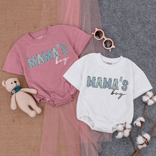 Mama's Boy Bubble Romper Short Sleeve Baby T-Shirt Outfit with Playful Light Blue Sketched Vintage Style, Newborn Gift Mother's Day