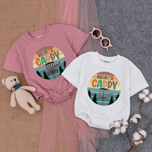 Retro Daddy's Caddy Disc Golf Baby Boy Bodysuit Vintage Sunset Striped Design Newborn Gameday Outfit Evergreen Trees Summer Baby Shower Gift