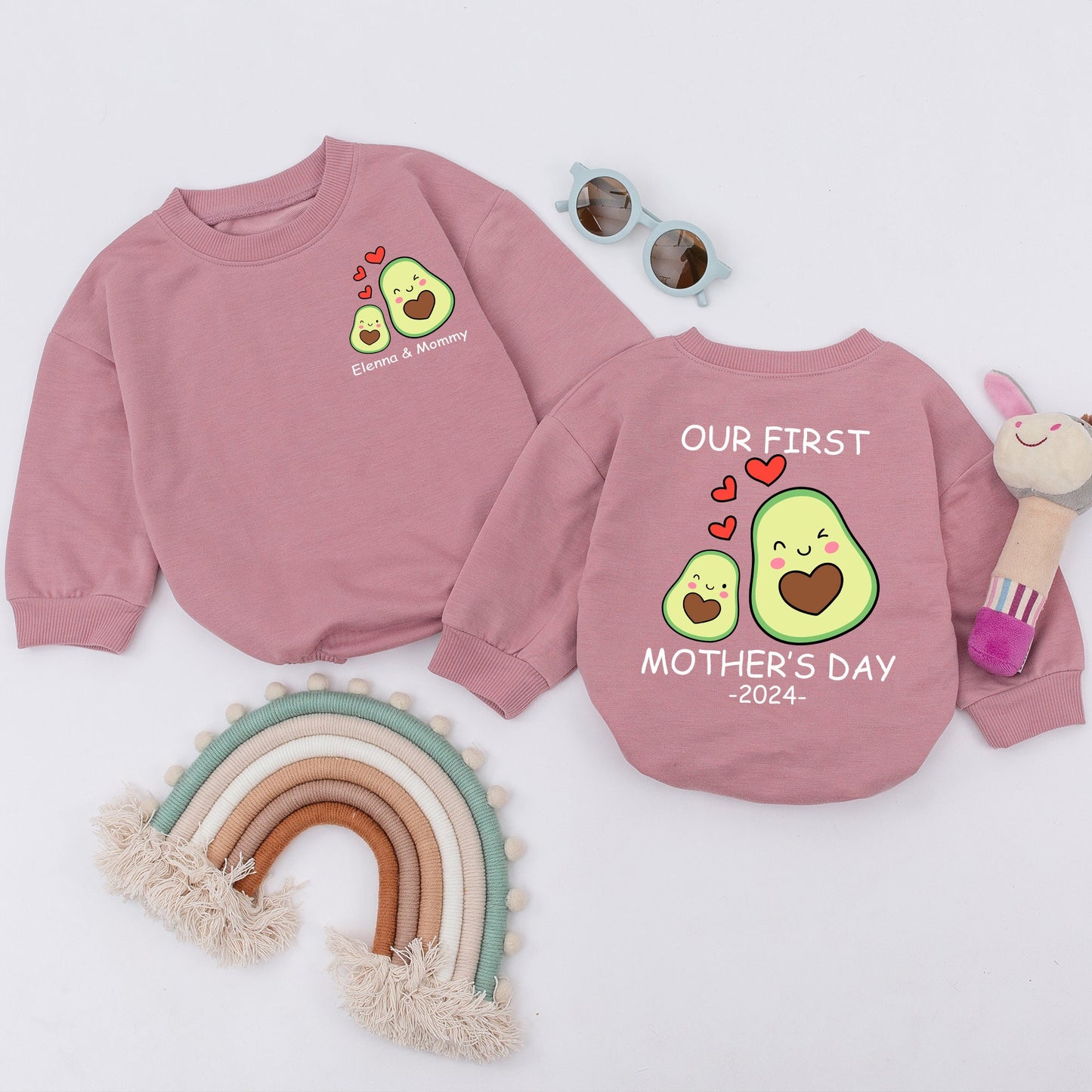 Personalized First Mother's Day 2024 Baby Romper featuring Cute Mother Baby Avocado Cartoon Design Soft Infant Bodysuit Gift