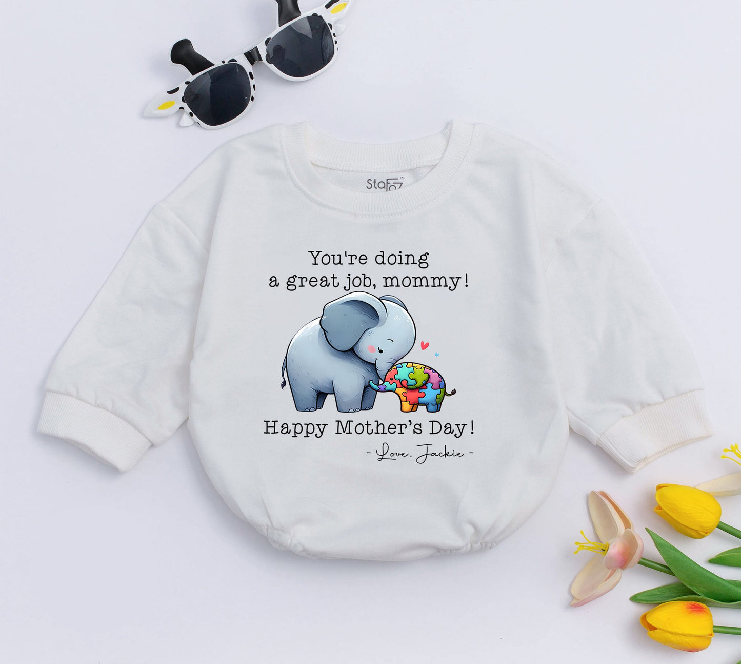 Personalized Mother's Day Elephant Bubble Romper Baby Bodysuit Gift "You're Doing A Great Job Mommy" Colorful Puzzle Design Autism Awareness Cute Infant Outfit