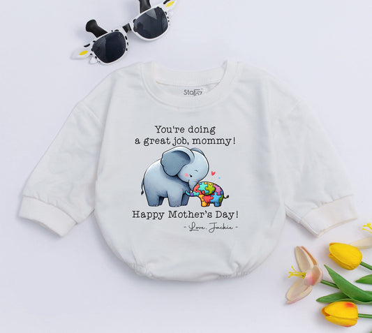 Personalized Mother's Day Elephant Bubble Romper Baby Bodysuit Gift "You're Doing A Great Job Mommy" Colorful Puzzle Design Autism Awareness Cute Infant Outfit