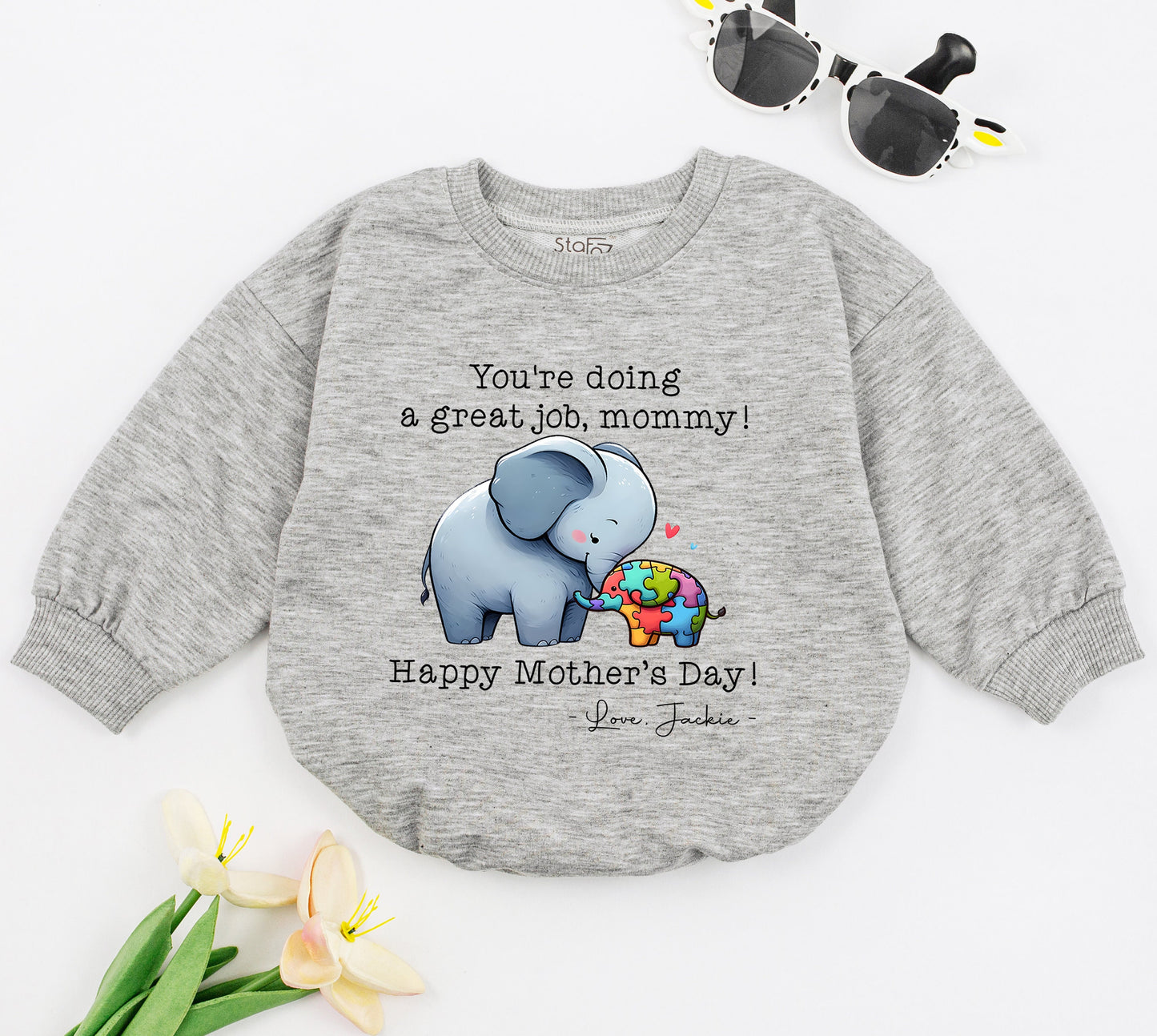 Personalized Mother's Day Elephant Bubble Romper Baby Bodysuit Gift "You're Doing A Great Job Mommy" Colorful Puzzle Design Autism Awareness Cute Infant Outfit