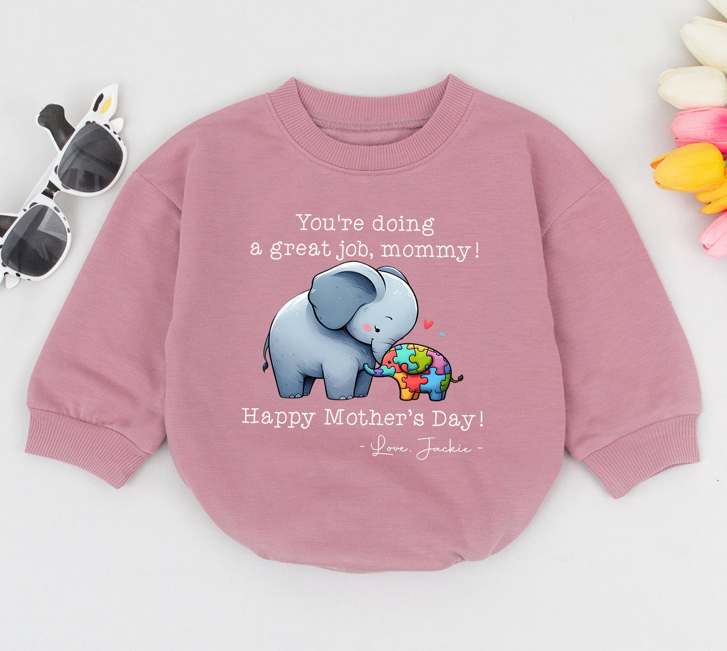 Personalized Mother's Day Elephant Bubble Romper Baby Bodysuit Gift "You're Doing A Great Job Mommy" Colorful Puzzle Design Autism Awareness Cute Infant Outfit