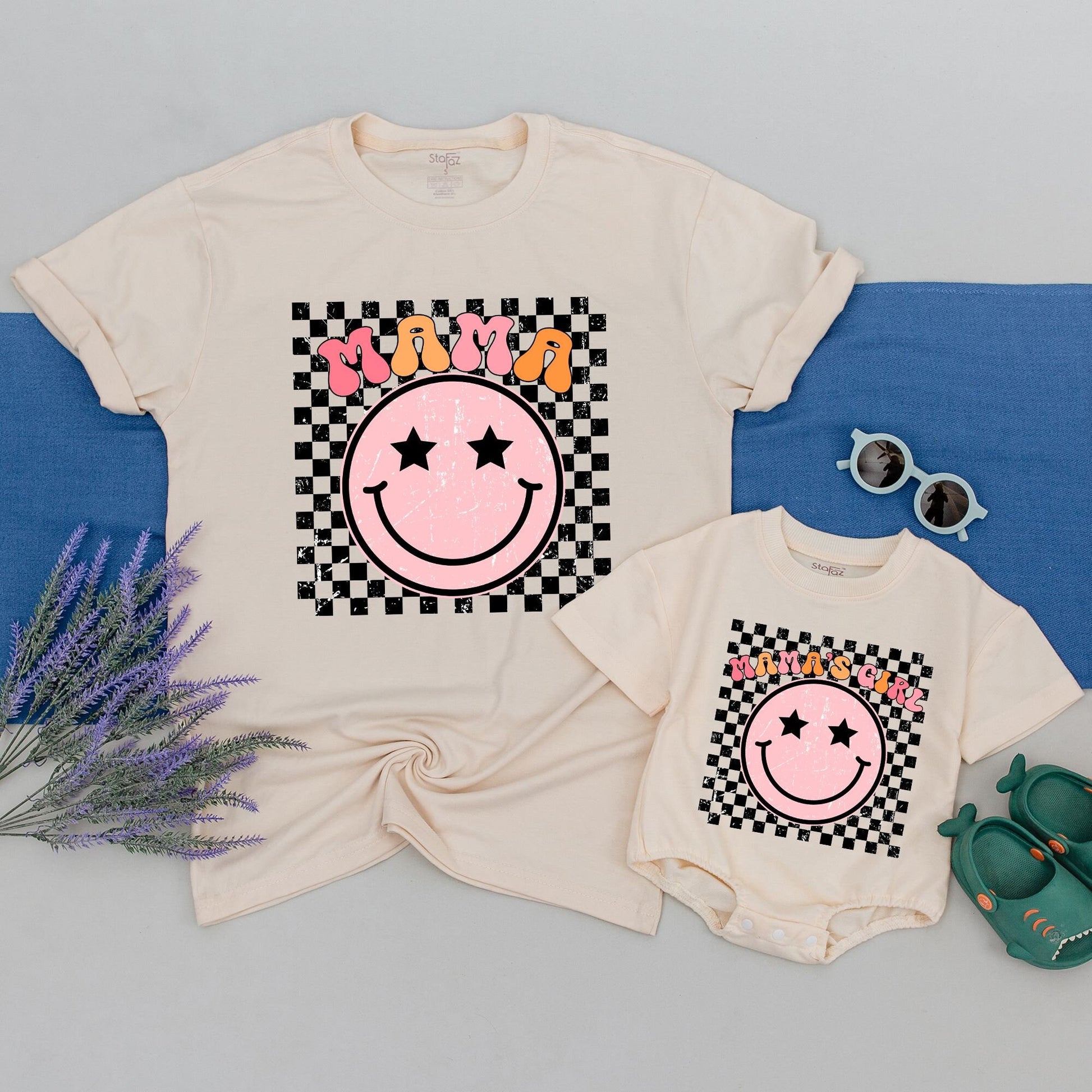 Mommy & Me Matching Retro Black White Checkerboard Pink Star Eye Smiley Mama and Mama's Girl Tee Set New Mom Mother's Day Gift