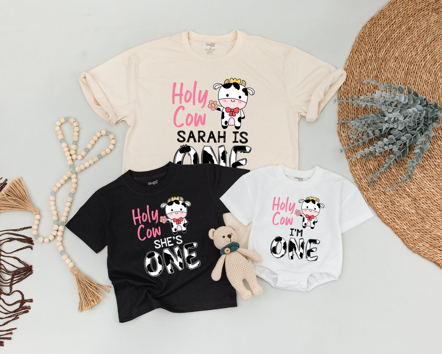 Personalized Holy Cow I'm One First Birthday Mommy and Me Family Shirts Cute Farm Cow Print Birthday Girl Outfit Whimsical Crown Flower