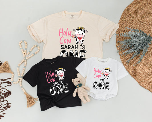 Personalized Holy Cow I'm One First Birthday Mommy and Me Family Shirts Cute Farm Cow Print Birthday Girl Outfit Whimsical Crown Flower
