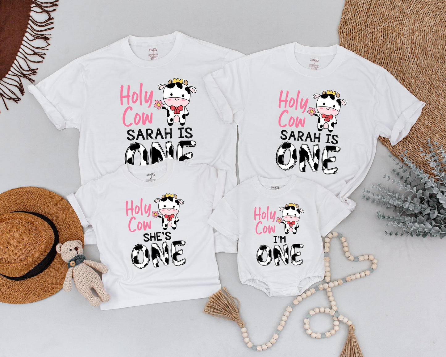 Personalized Holy Cow I'm One First Birthday Mommy and Me Family Shirts Cute Farm Cow Print Birthday Girl Outfit Whimsical Crown Flower