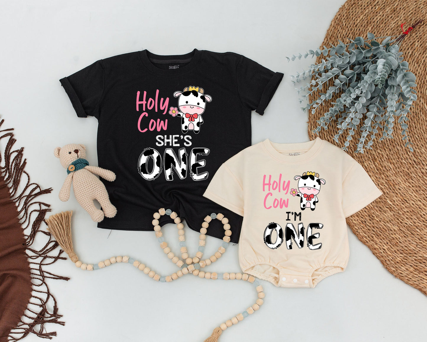 Personalized Holy Cow I'm One First Birthday Mommy and Me Family Shirts Cute Farm Cow Print Birthday Girl Outfit Whimsical Crown Flower