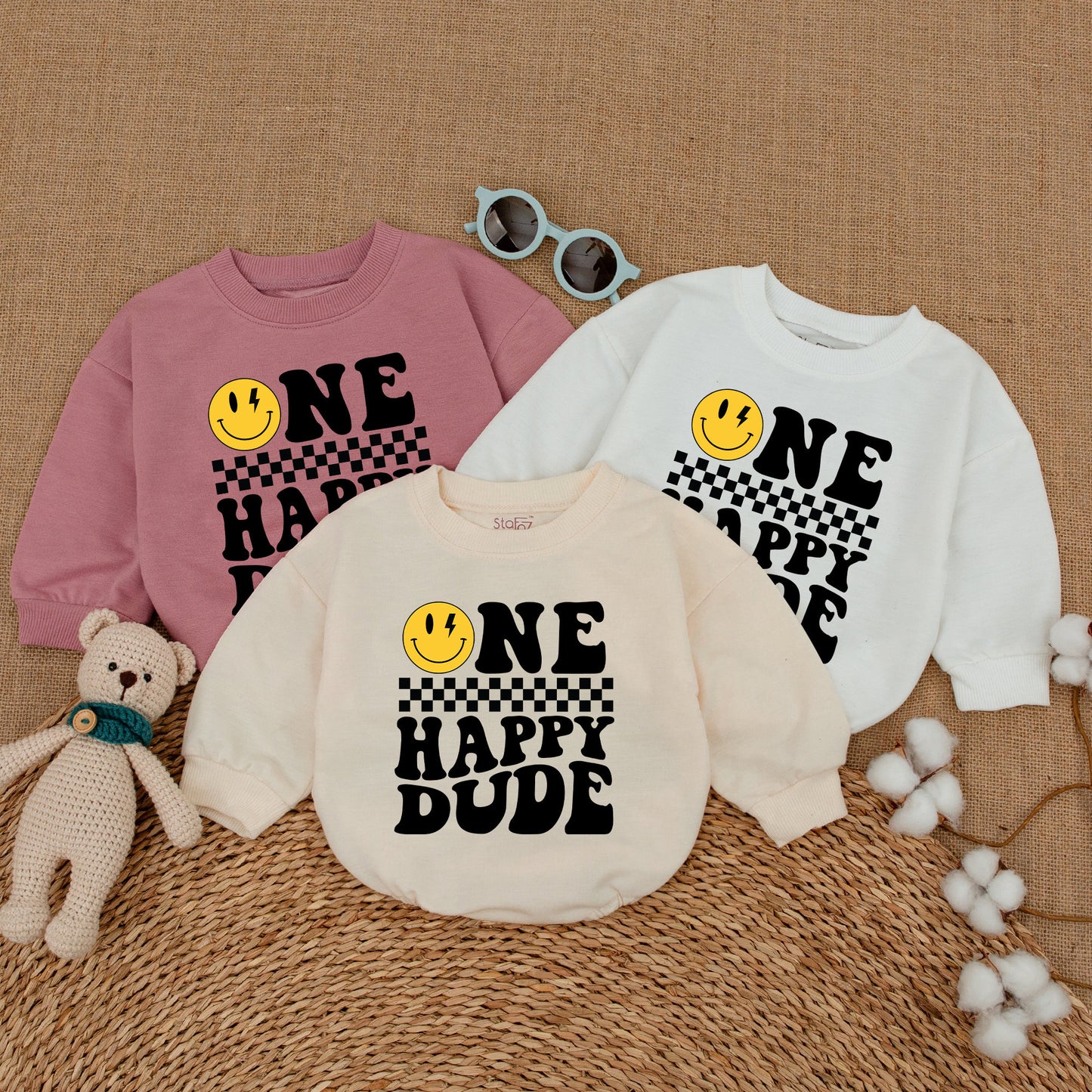 Personalized One Happy Dude Romper Retro 70s Smiley Face First Birthday Outfit Matching Family Cake Smash Newborn Boy Lightning Bolt Gift