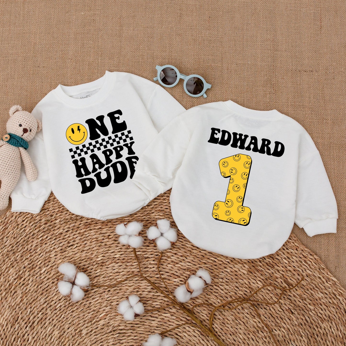 Personalized One Happy Dude Romper Retro 70s Smiley Face First Birthday Outfit Matching Family Cake Smash Newborn Boy Lightning Bolt Gift