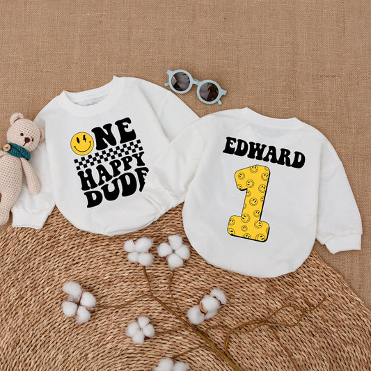 Personalized One Happy Dude Romper Retro 70s Smiley Face First Birthday Outfit Matching Family Cake Smash Newborn Boy Lightning Bolt Gift