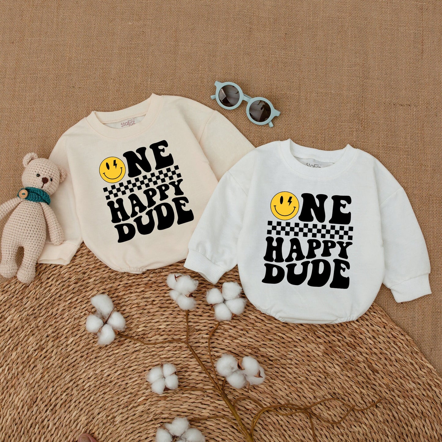 Personalized One Happy Dude Romper Retro 70s Smiley Face First Birthday Outfit Matching Family Cake Smash Newborn Boy Lightning Bolt Gift