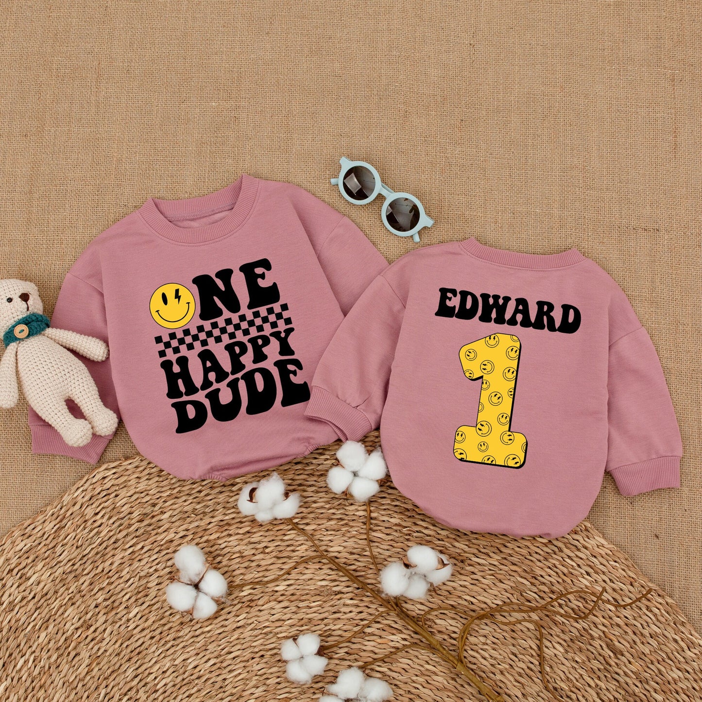Personalized One Happy Dude Romper Retro 70s Smiley Face First Birthday Outfit Matching Family Cake Smash Newborn Boy Lightning Bolt Gift